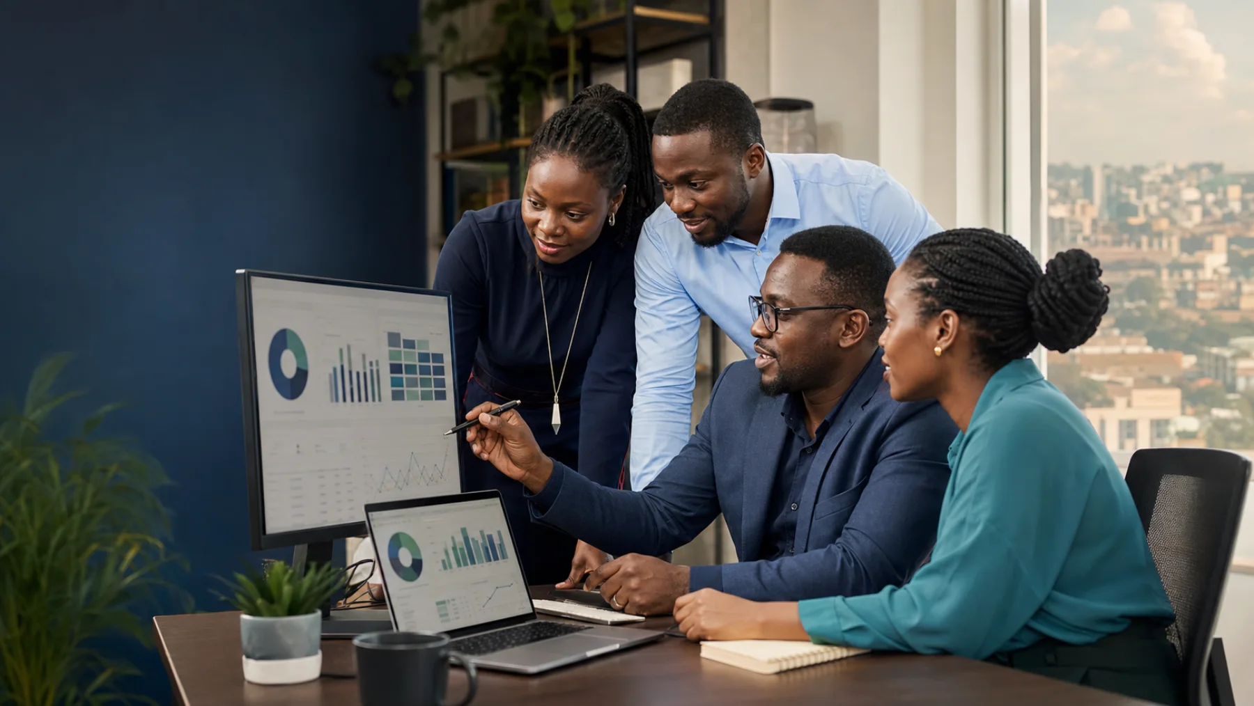 Ugandan finance, operations and technology professionals working together with business data