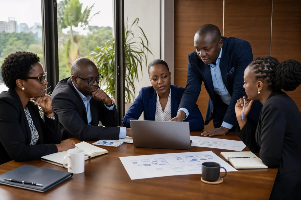 Ugandan executives and a technology consultant reviewing a transformation roadmap