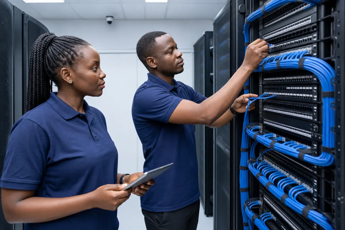 Ugandan ICT specialists installing structured network infrastructure